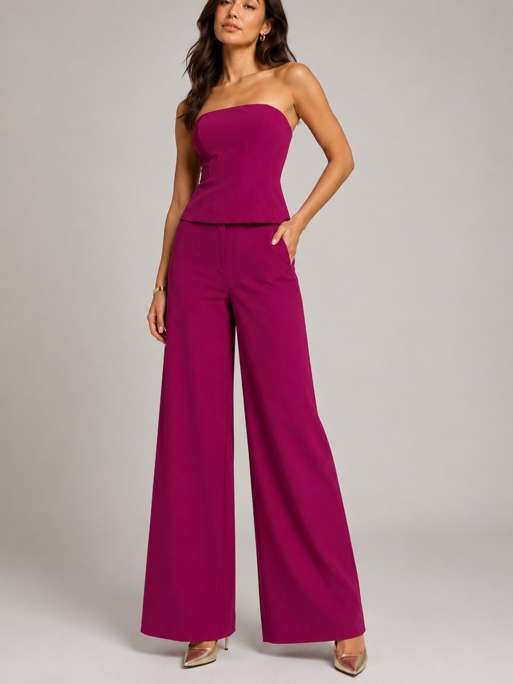 STAUD Fuchsia Strapless Wide-Leg Jumpsuit